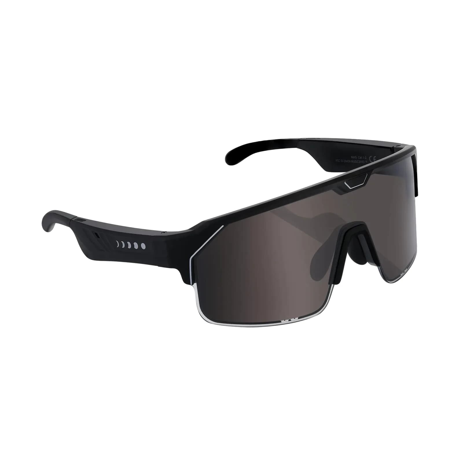 Gafas de sol inteligentes Chamelo Music Shield en negro mate, lente única envolvente y una fila de puntos en la patilla.