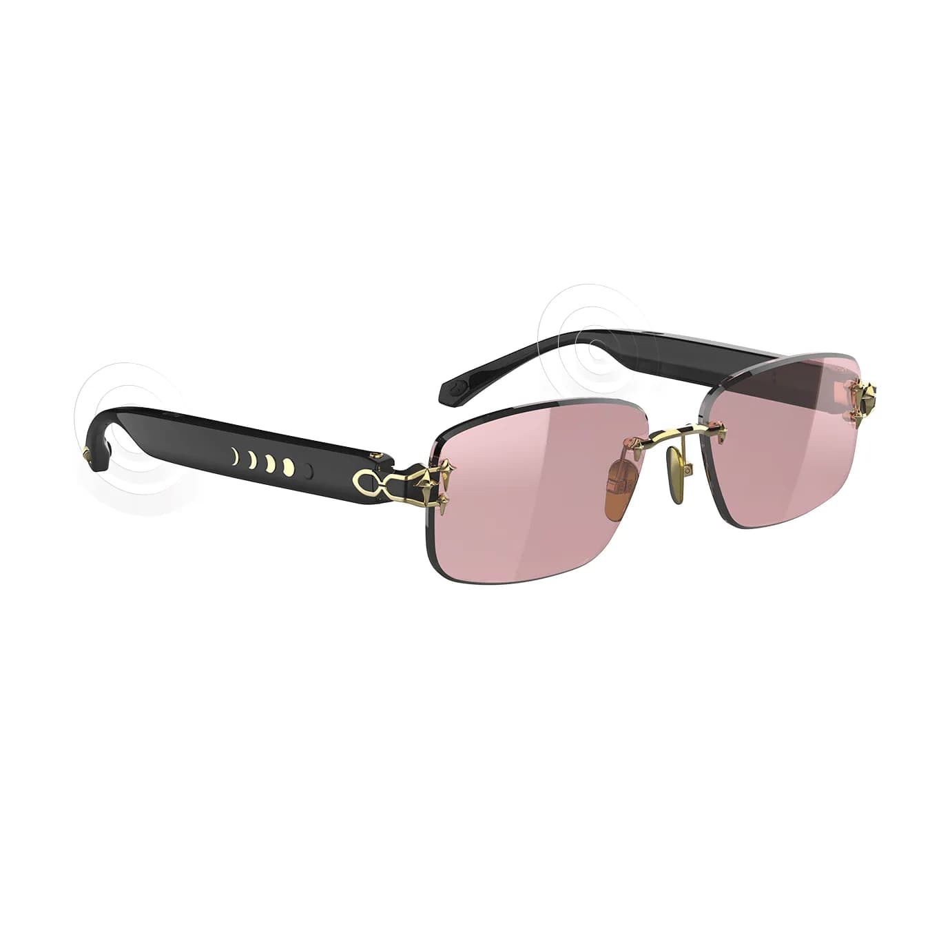 Gafas de sol inteligentes Chamelo Aura con lentes rosadas, patillas negras y bisagras doradas con forma de cabeza de animal.