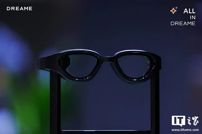 Dreame AQUA 100 swim glasses on a display stand, black oval frame with dark curved lenses and a nose bridge, against a blurred background.