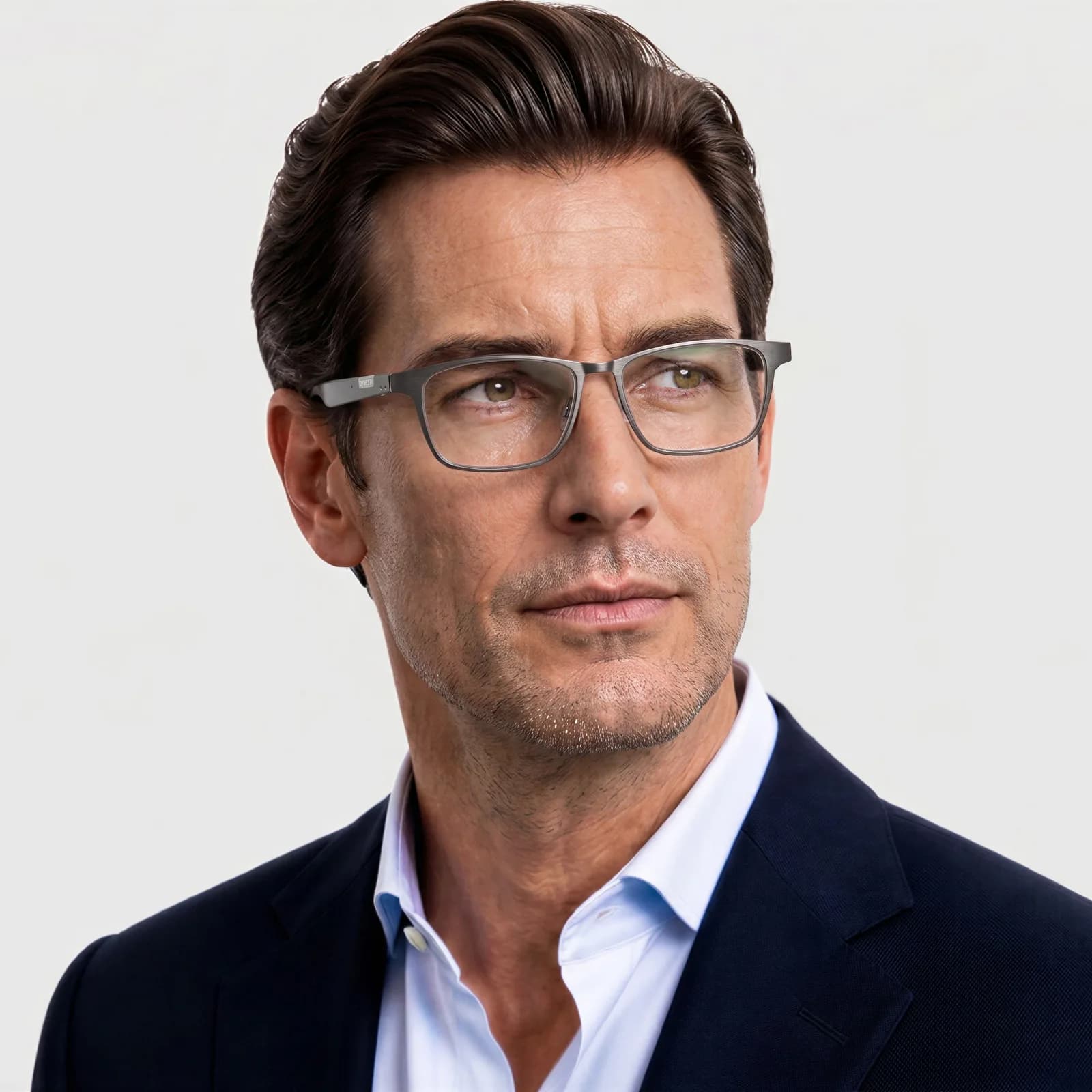 Dymesty AI Glasses en gris metálico, montura rectangular usada por un hombre con traje azul marino y camisa clara.