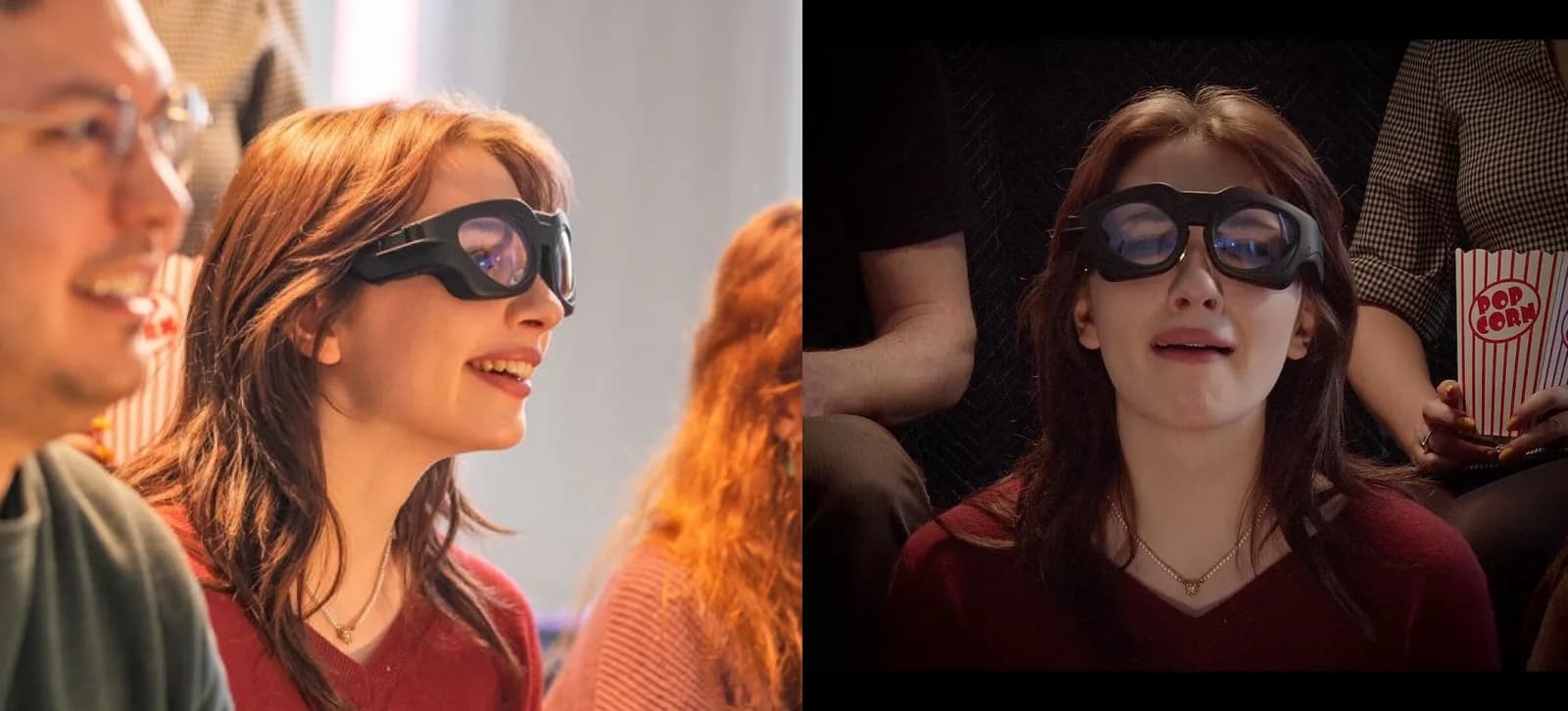 Dos fotogramas uno al lado del otro de la misma espectadora con las OCOsense en un cine: sonriendo entre el público con luz, e iluminada solo por la pantalla con una bolsa de palomitas al lado.