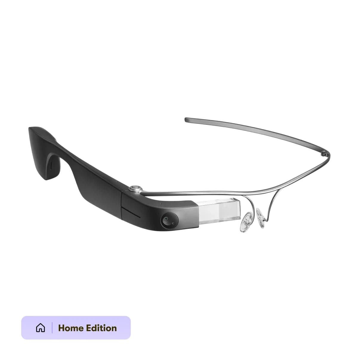 Envision Glasses en negro, vista de tres cuartos de la montura de titanio con el módulo de cámara sobre la patilla.