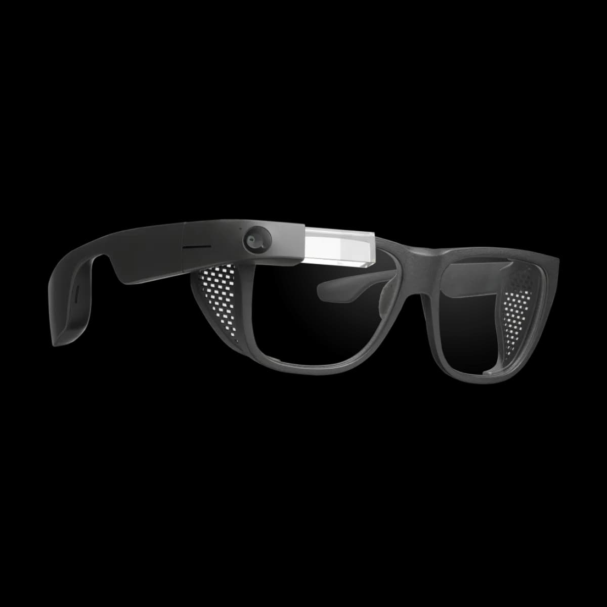 Envision Glasses en negro, montura más gruesa con patilla de textura de malla, cámara y prisma transparente al frente.