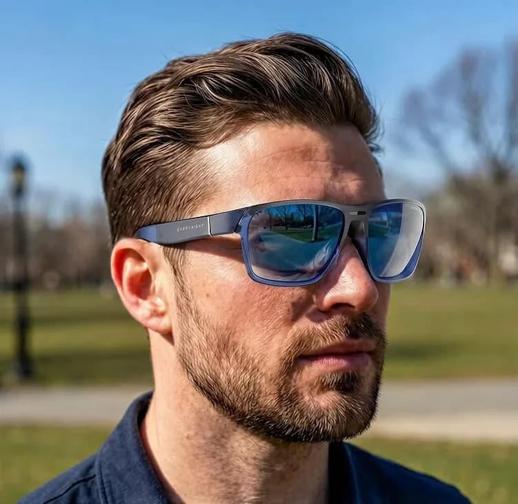 Gafas Everysight Maverick AI usadas al aire libre por un hombre, con lentes espejados azules que reflejan árboles y el nombre Everysight en la patilla.