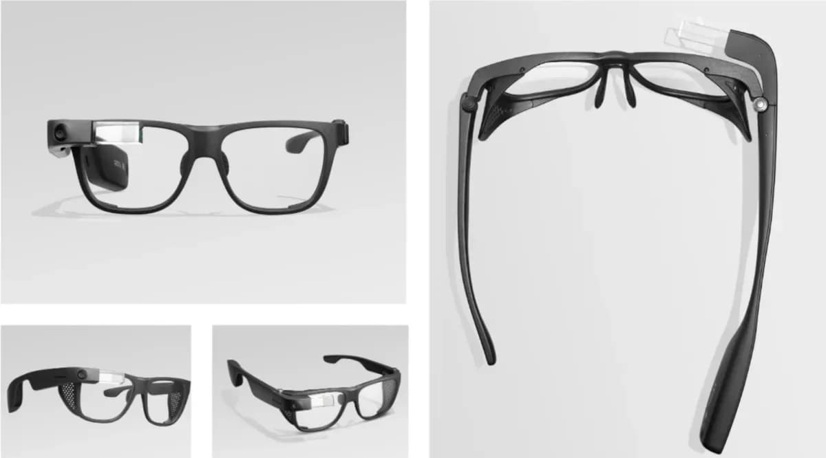 Gafas Google Glass Enterprise Edition 2 en negro, montura plegable con lentes transparentes, vista de frente y de lado con el módulo de cámara a la izquierda.