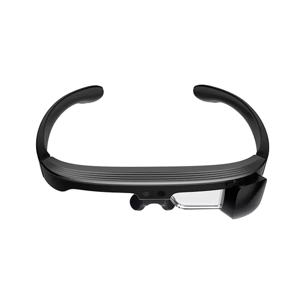 Gafas AR Goolton G20-S en negro, montura curva tipo visera con ambas patillas abiertas, cámara pequeña y prisma transparente a la derecha, fondo blanco.