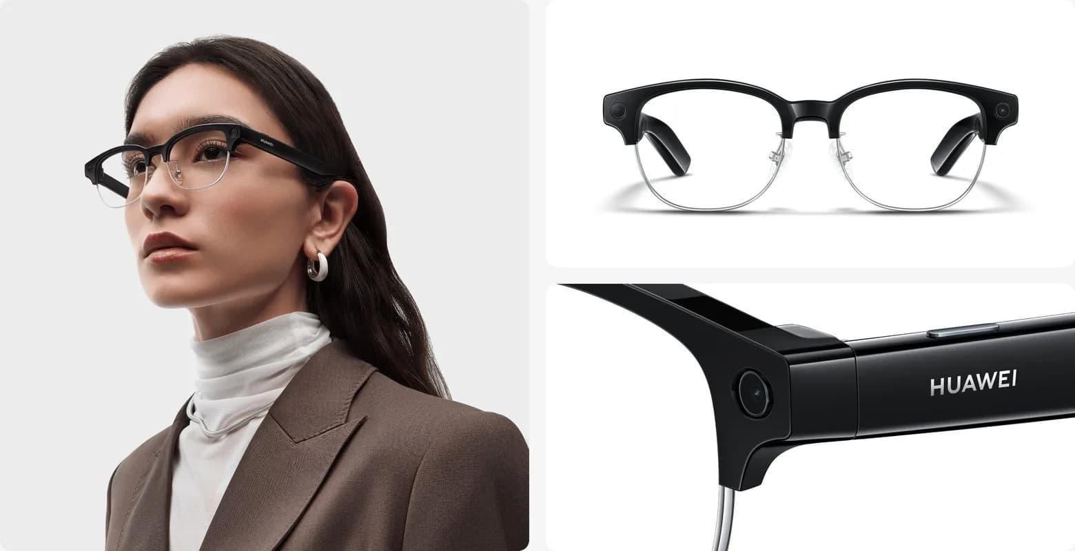 Tres vistas de la versión clubmaster negra de las Huawei AI Glasses: puesta por una mujer, de frente con las patillas plegadas mostrando la cámara redonda en cada ángulo externo, y un detalle de la patilla con la lente de la cámara y el nombre HUAWEI.