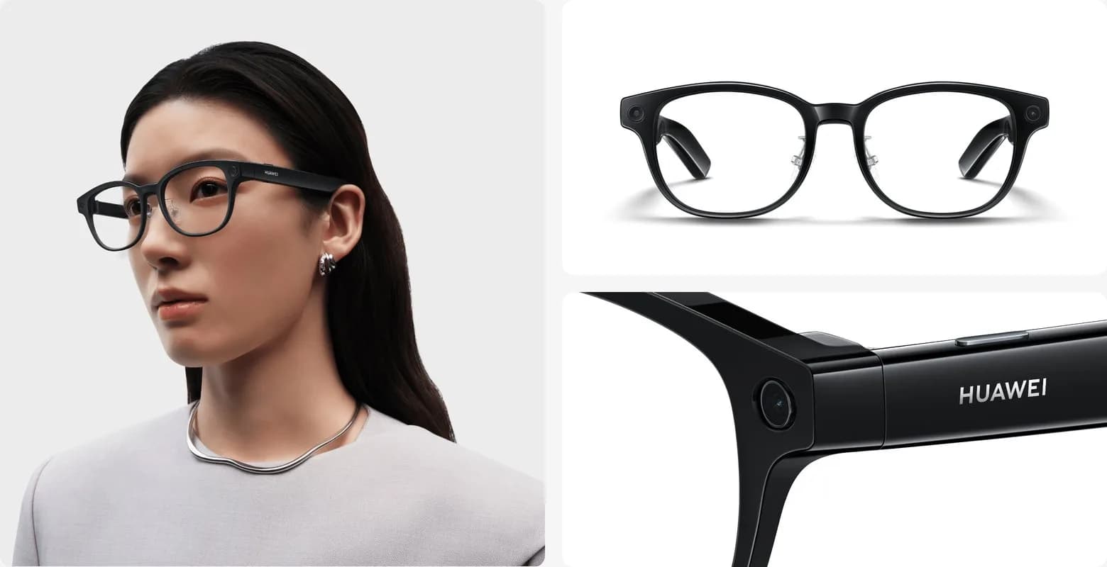 La otra forma de montura de las Huawei AI Glasses, aro redondo entero en negro: puesta por una mujer, de frente con las patillas plegadas, y un detalle de la patilla con la cámara y el nombre HUAWEI.