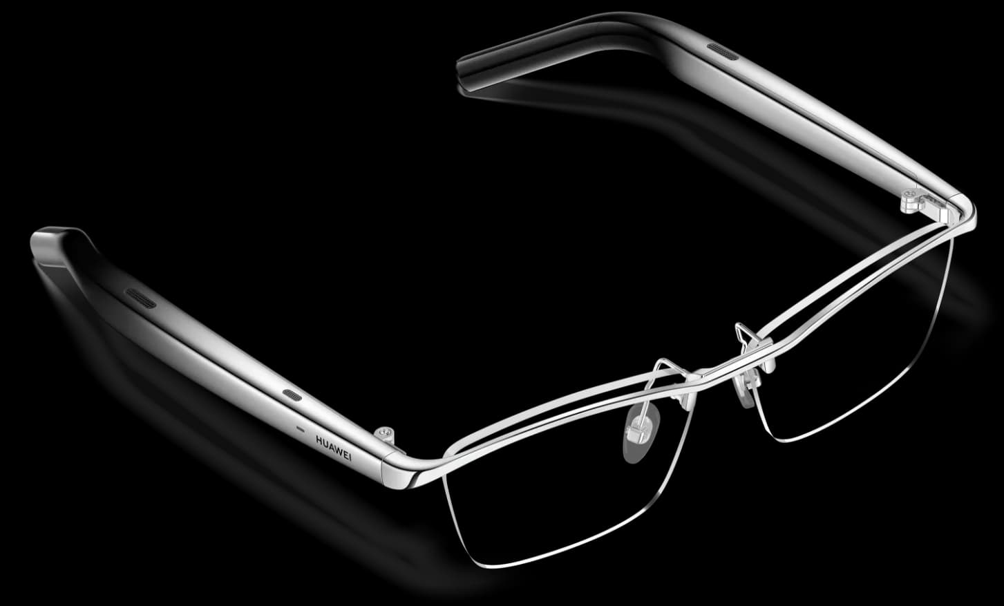 Gafas HUAWEI Eyewear 2 en negro, montura clubmaster semi al aire con aro superior cromado, patillas abiertas sobre fondo blanco, HUAWEI en una patilla.