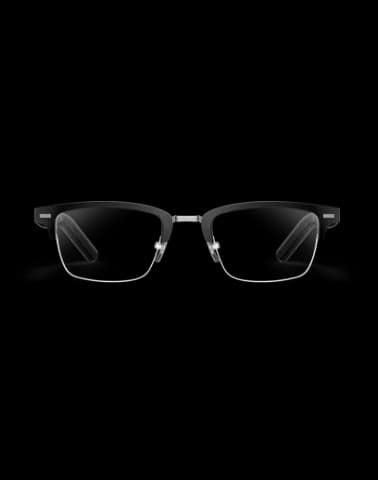 Gafas HUAWEI Eyewear 2 de frente, en negro, montura semi al aire con puente fino cromado, patillas dobladas, sobre fondo blanco liso.