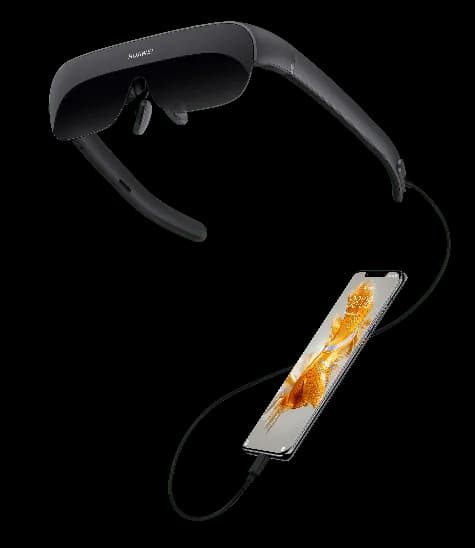 HUAWEI Vision Glass, a black wraparound visor connected by a cable to a smartphone, HUAWEI logo on top, vents on the temple.