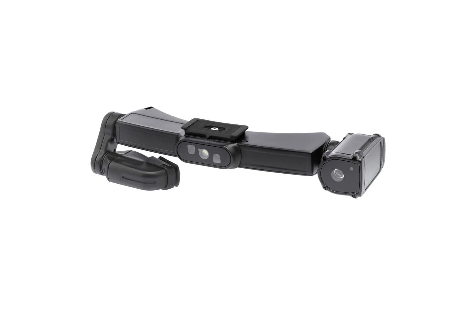 Módulo Iristick H1 en negro, tres secciones articuladas con una luz y lente pequeñas en el medio y un bloque de cámara a la derecha, fondo blanco.