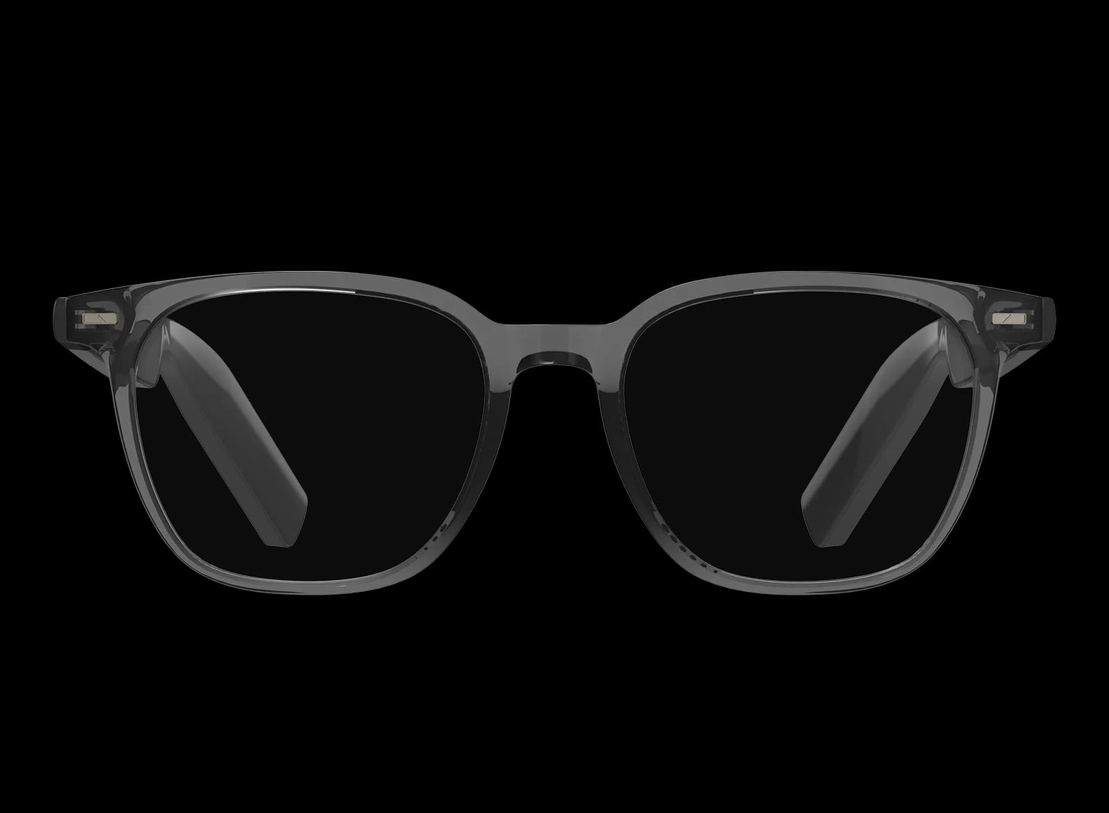 Gafas inteligentes LAWK City, en gris translúcido, con montura cuadrada y lentes transparentes, vistas de frente.