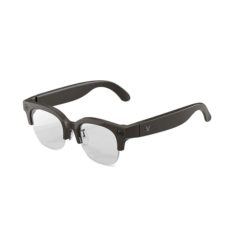Gafas Lenovo AI Glasses Lecoo G1, en degradado de marrón a negro, vistas de frente en ángulo, con una lente de cámara redonda en la esquina del armazón.