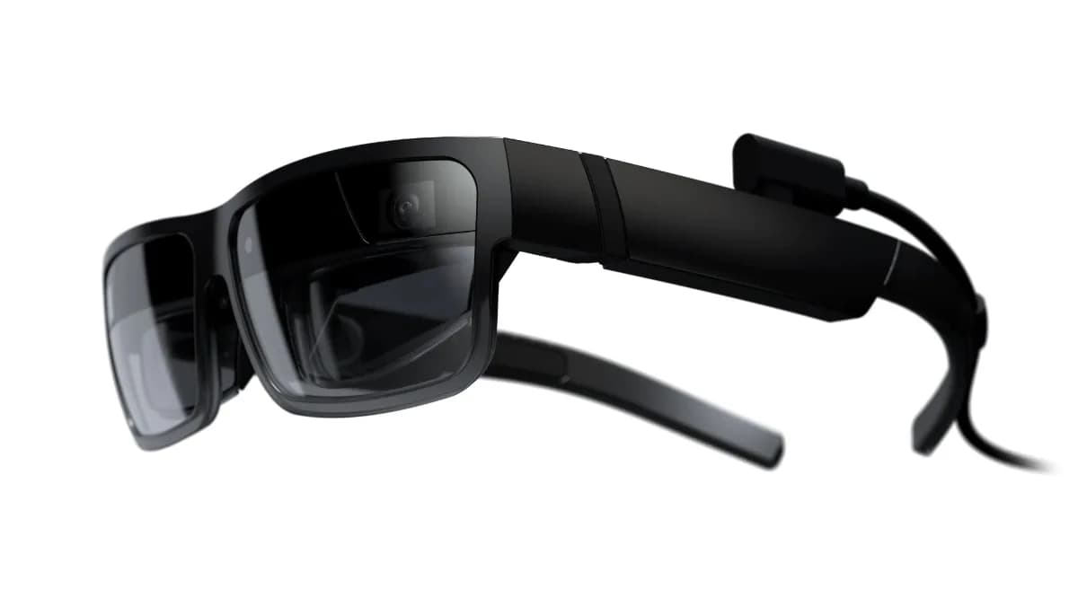 Lenovo ThinkReality A3 headset in black, angled to show a round camera lens above the right lens and a cable connector on the temple.