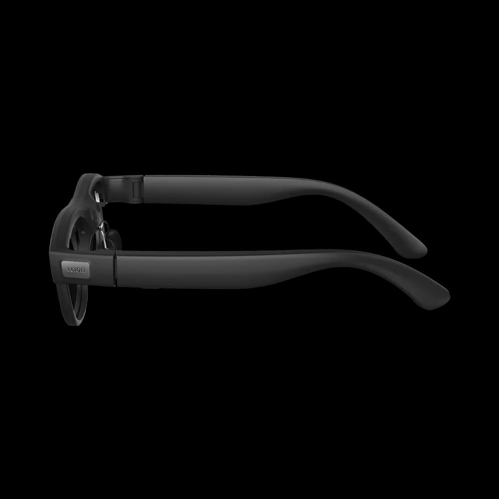 Gafas LLVision Leion Hey2 en negro, vista lateral con la patilla plegada y el logotipo LEION cerca de la bisagra.