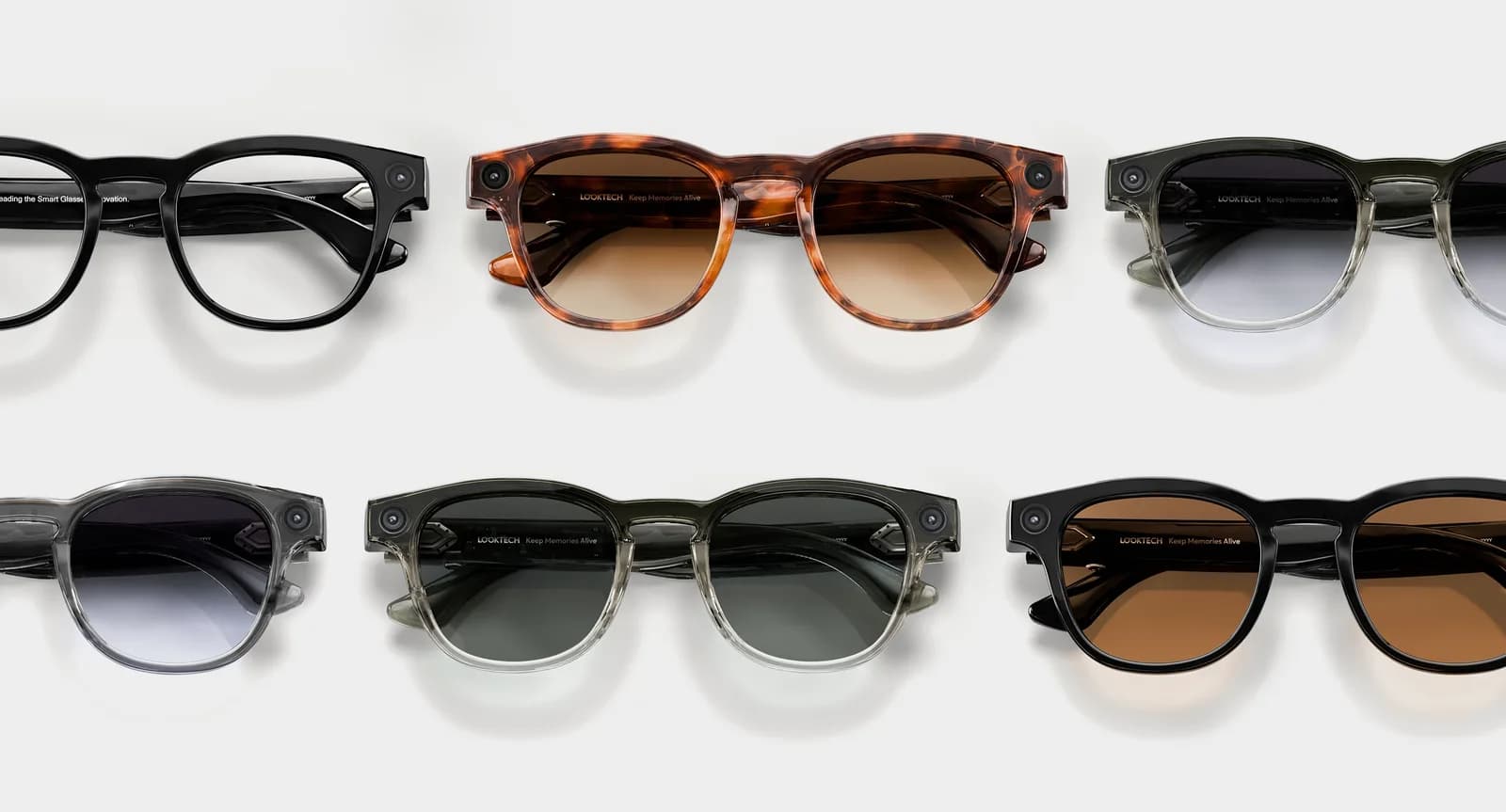 Gafas Looktech AI Glasses en seis colores de montura cuadrada de acetato, con una cámara pequeña en la esquina derecha de cada patilla.