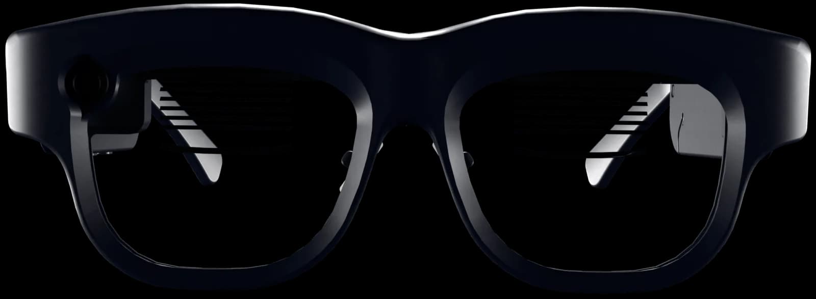 Gafas Luna Glass en negro, montura gruesa renderizada con una cámara pequeña en la esquina izquierda y líneas finas en ambos lentes transparentes.
