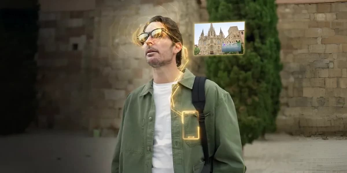 MediaTek AI Glasses参考设计眼镜户外佩戴，细框黄色镜片，头部周围有发光数字叠加效果。