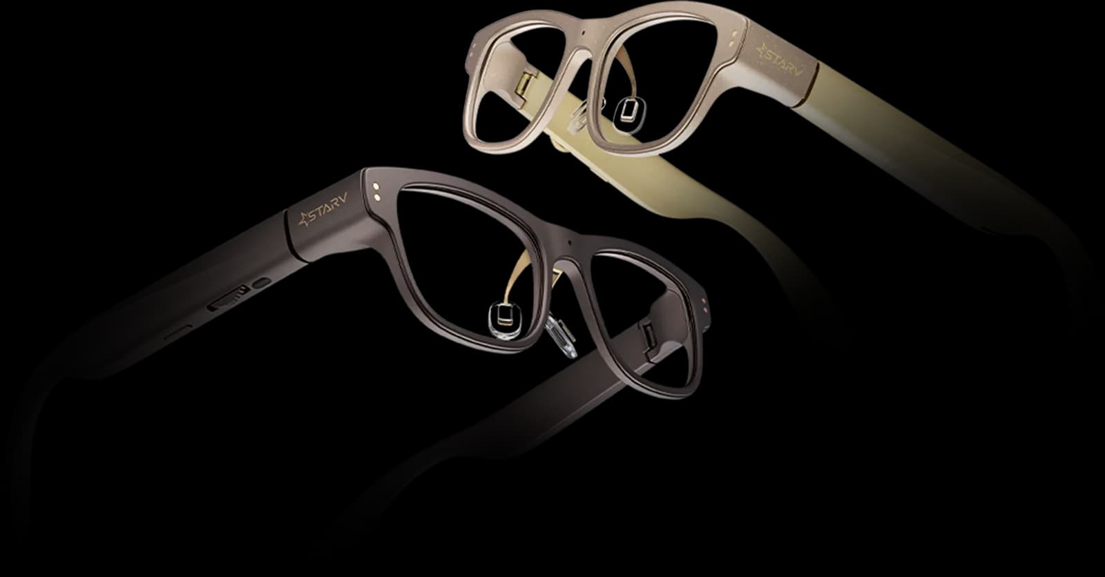 Gafas Meizu StarV Air2 en bronce y marrón oscuro, monturas cuadradas con un pequeño módulo verde de visualización cerca de la bisagra.