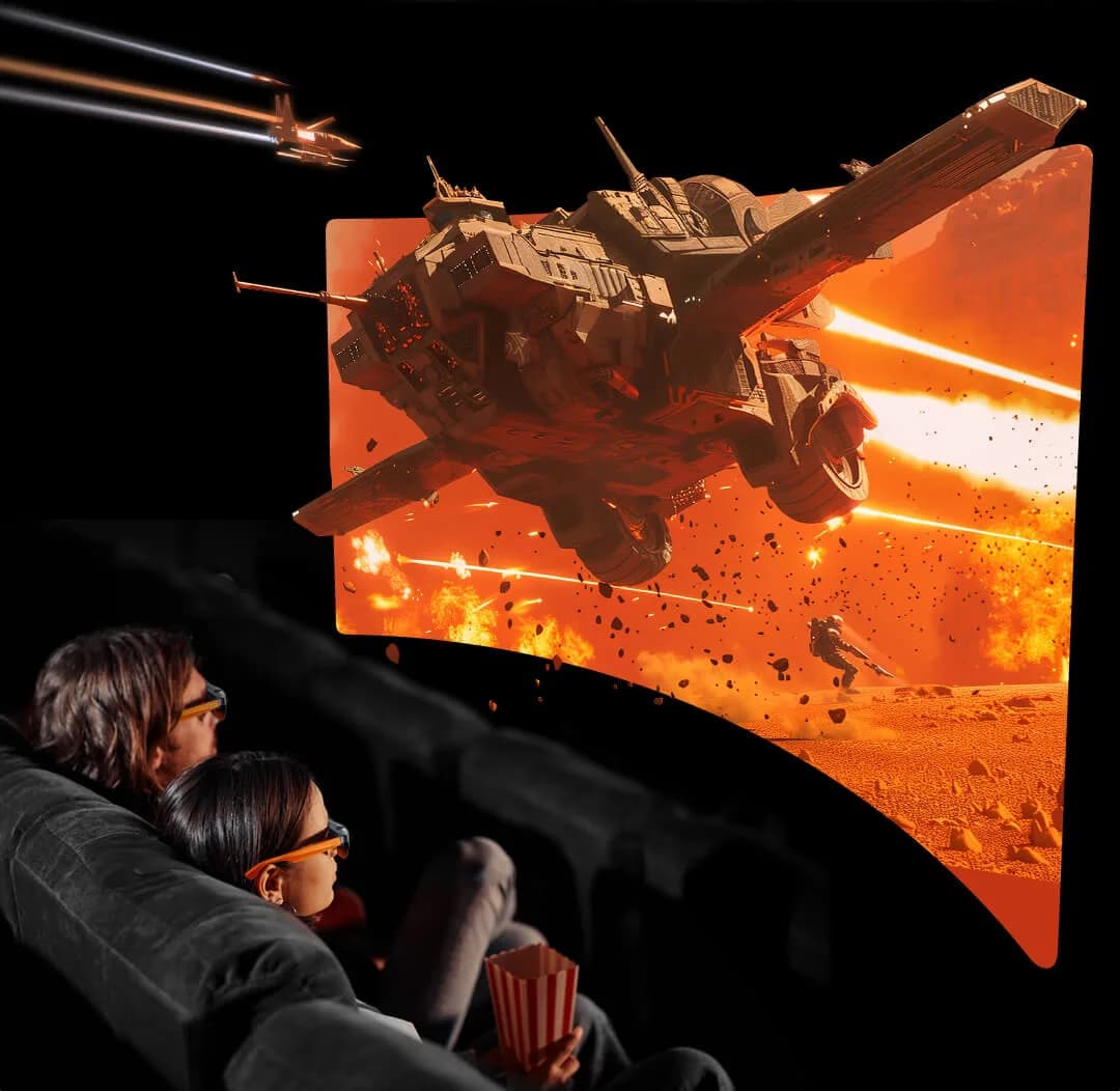 Gafas Meizu StarV View en una pareja sentada en butacas de cine, gafas oscuras con patillas naranjas, frente a una gran escena de batalla espacial.
