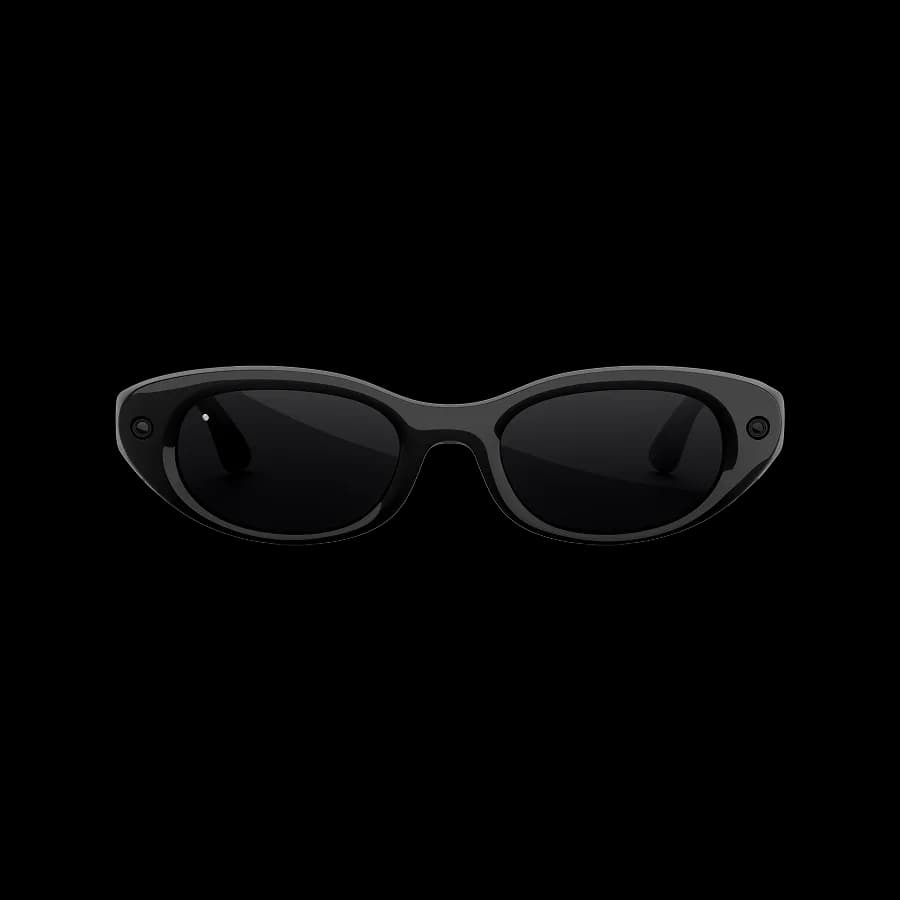 Gafas inteligentes Meta Glasses Starfire en negro, montura ovalada estilo ojo de gato con cristales oscuros y una cámara pequeña en cada bisagra.