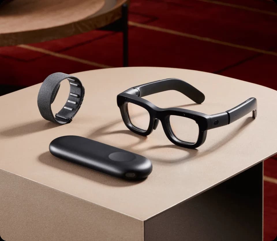 Meta Orion prototype glasses in black with a thick rectangular frame, next to a gray wristband and an oval compute puck on a table.