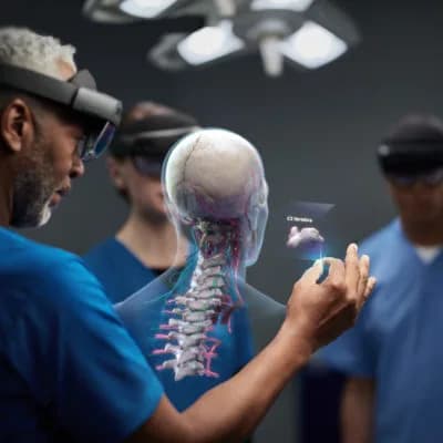 Microsoft HoloLens 2 worn by a man in scrubs, looking at a floating hologram of a skull and spine, with colleagues also wearing the headset nearby.