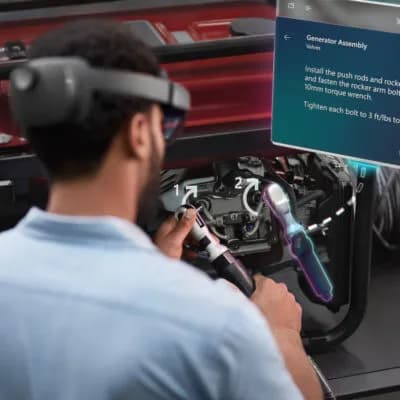 Microsoft HoloLens 2 worn by a man from behind, repairing an engine with a floating instruction panel showing assembly steps.