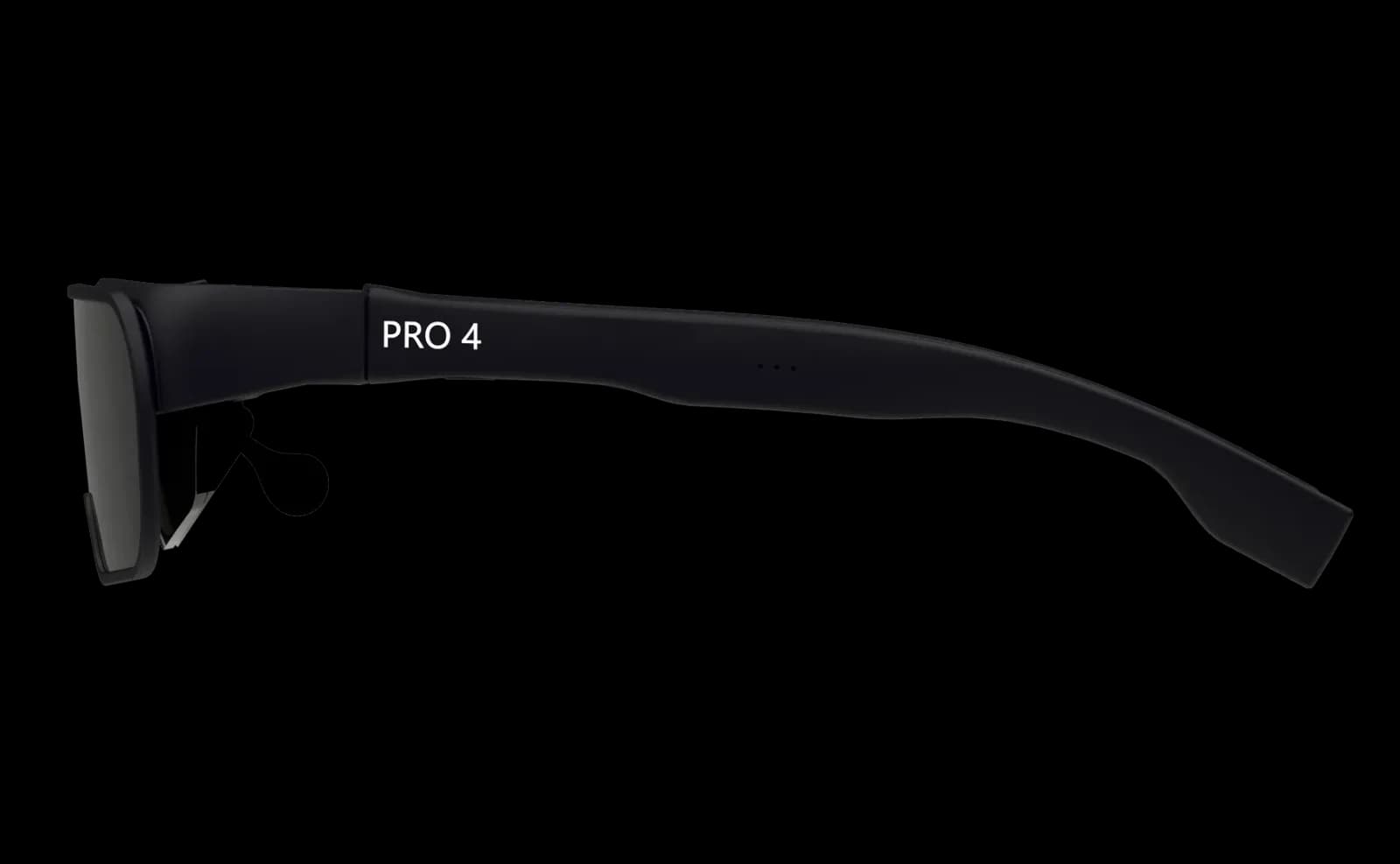 NuEyes Pro 4黑色眼镜侧面视角，完整镜腿可见，印有PRO 4字样。