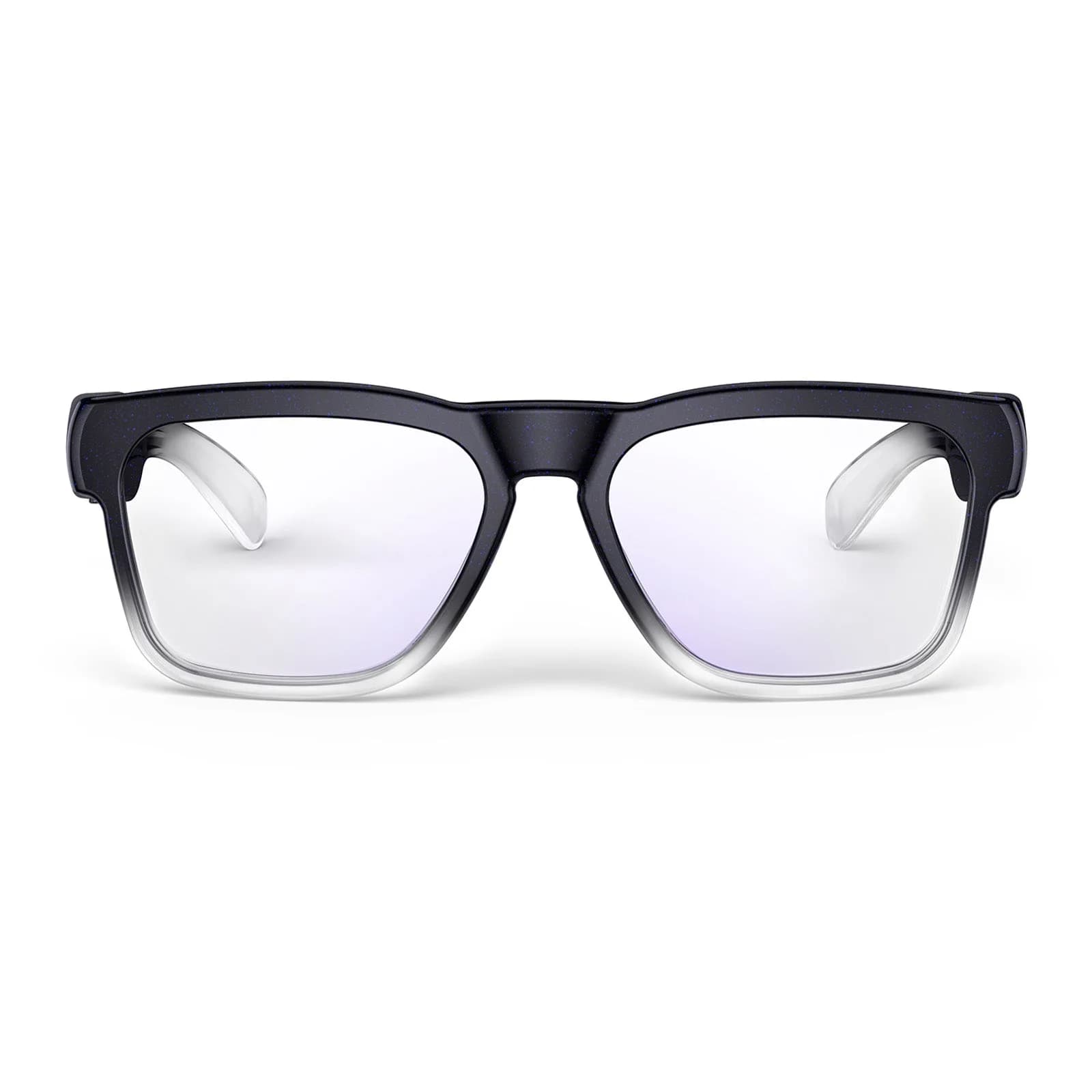 Gafas OhO Sunshine GlobeEar en negro, montura cuadrada que se degrada a transparente en la base, vistas de frente.