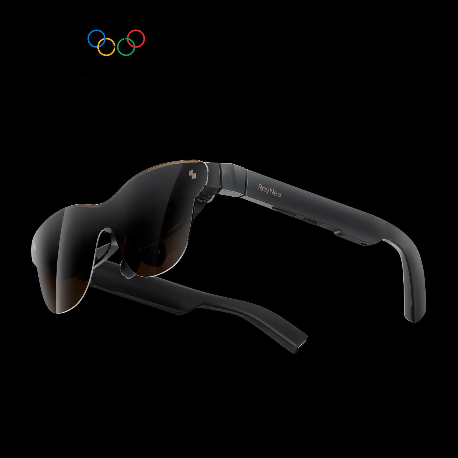 RayNeo Air 3s smart glasses in black, wraparound brown-tinted shield lens, seen from the same three-quarter angle.