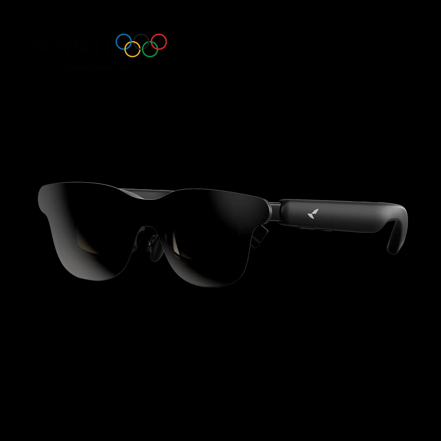 Gafas RayNeo GT en negro, lente única y curva oscura, vista en tres cuartos de lado sobre fondo blanco.