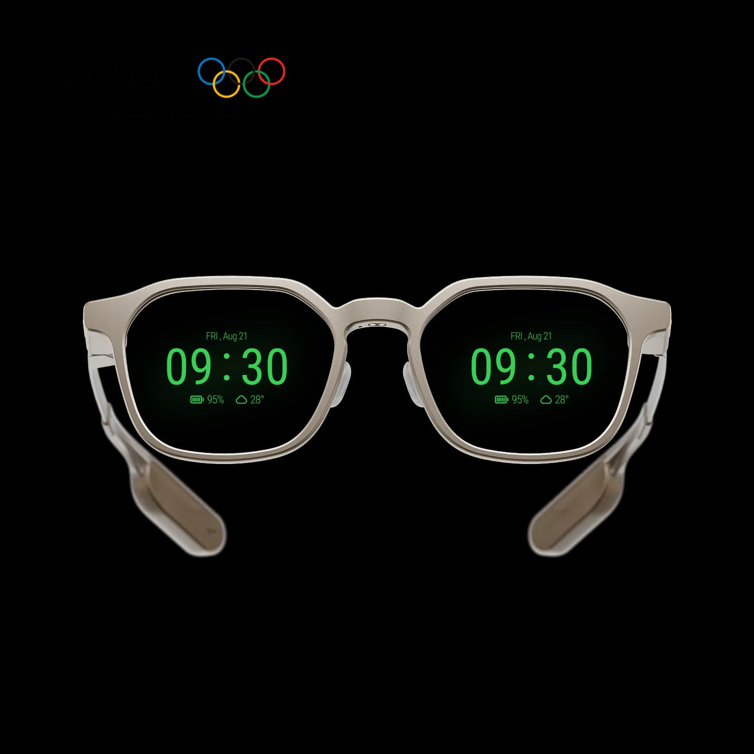 Gafas RayNeo iO en dorado champán, montura metálica cuadrada, vista de frente mostrando reloj y clima en verde en los cristales.