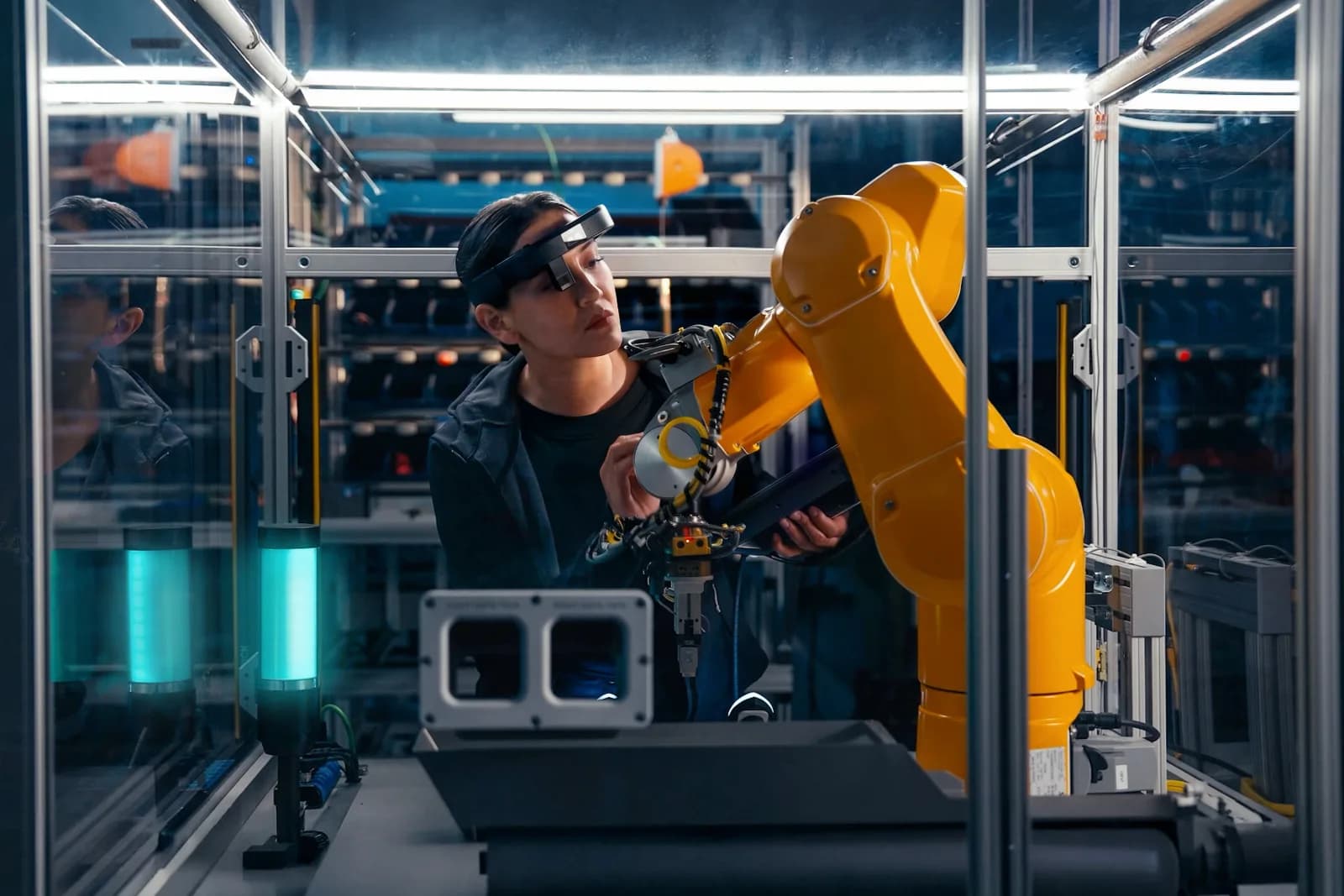 RealWear Arc 3 headset in black, worn by a woman with the display arm raised, working beside a yellow robotic arm in a factory.