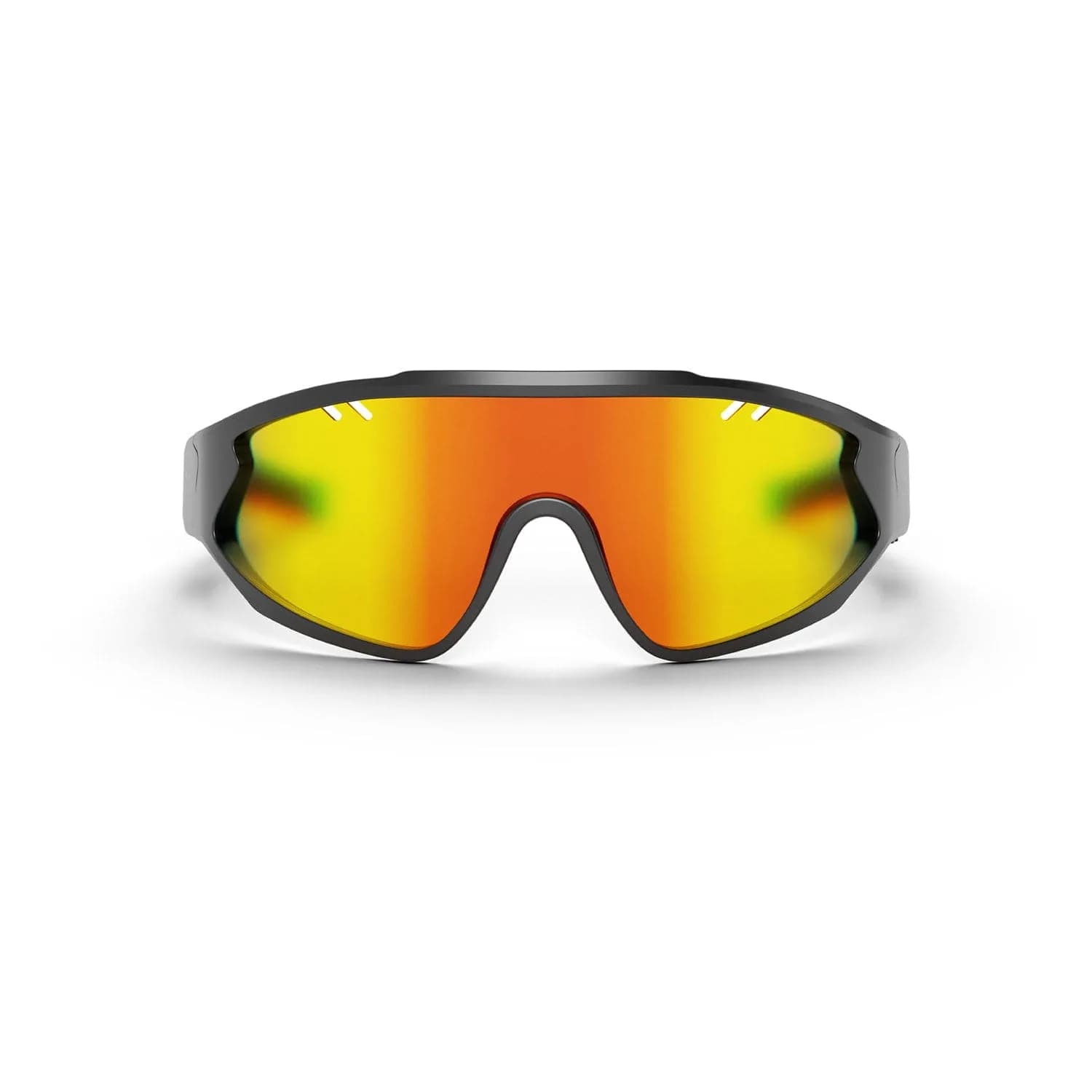 Gafas de sol Reebok Smart Eyewear en negro, estilo máscara con lente única espejada naranja, sobre fondo blanco.