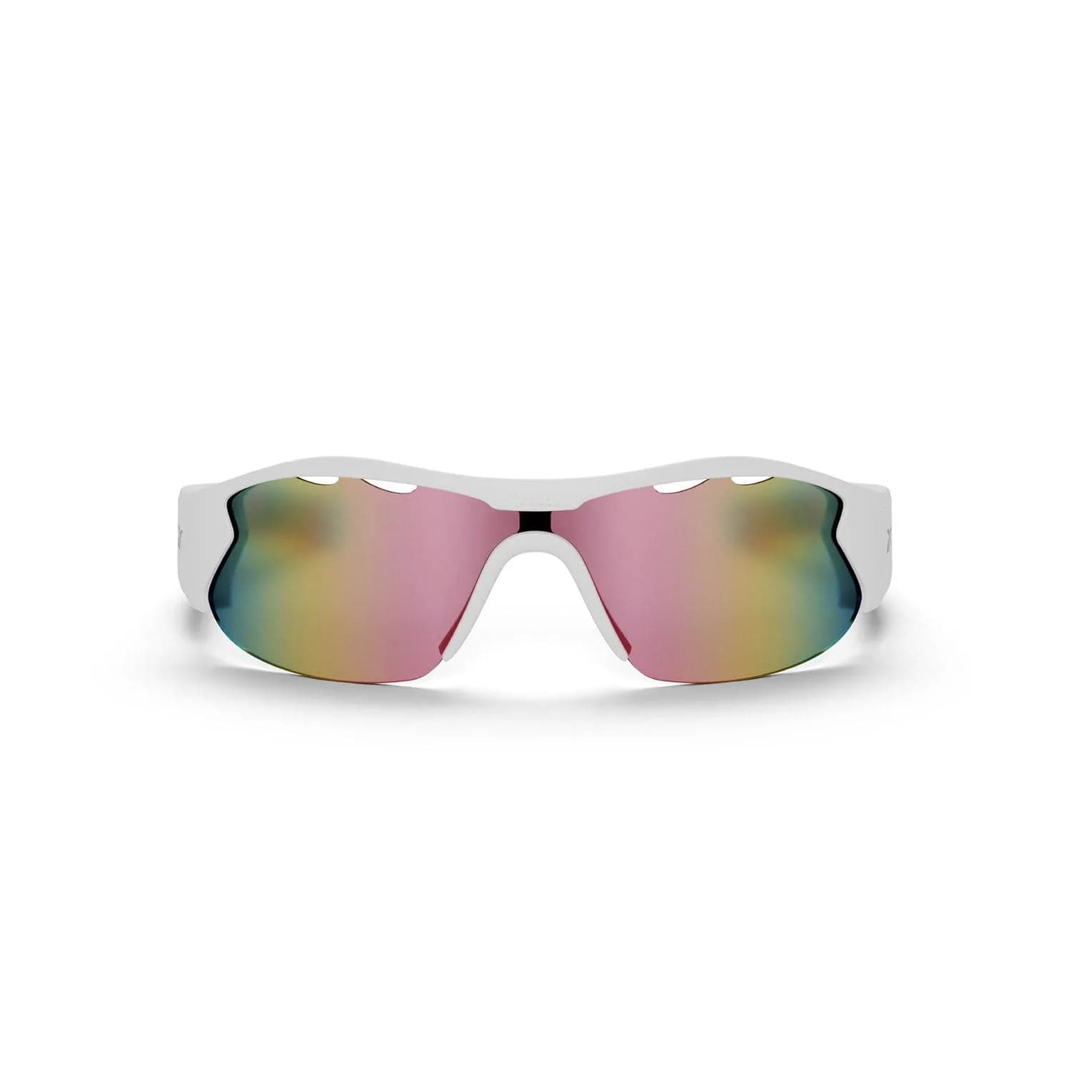 Gafas de sol Reebok Smart Eyewear en blanco, estilo máscara con lente única espejada rosa y amarilla, sobre fondo blanco.