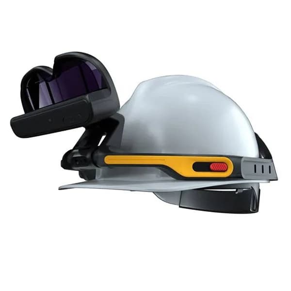 The same Rokid Glass Enterprise headset with its tinted visor flipped up, exposing the hinge and a red button on the housing.