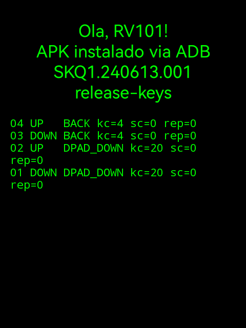 Green text on the black RV101 screen: Ola, RV101!, APK instalado via ADB, the build SKQ1.240613.001 and release-keys, then four lines of key events with BACK and DPAD_DOWN.
