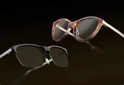 Gafas Sharge Loomos S1 en dos estilos, montura cuadrada negra y montura de ojo de gato en carey marrón, ambas con cristales oscuros.