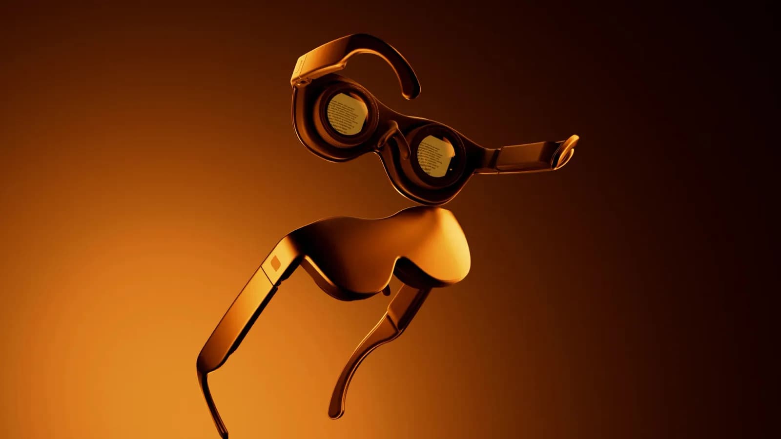 Sol Reader glasses with a thick round black frame floating at an angle, showing lines of text on both lens displays under orange light.