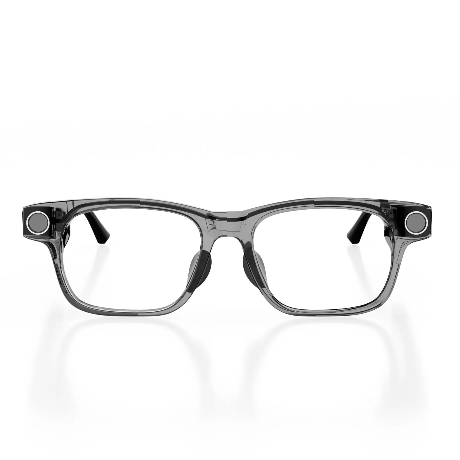 Gafas Solos AirGo Vision en gris humo translúcido, vistas de frente, con cámaras redondas en las dos esquinas superiores.