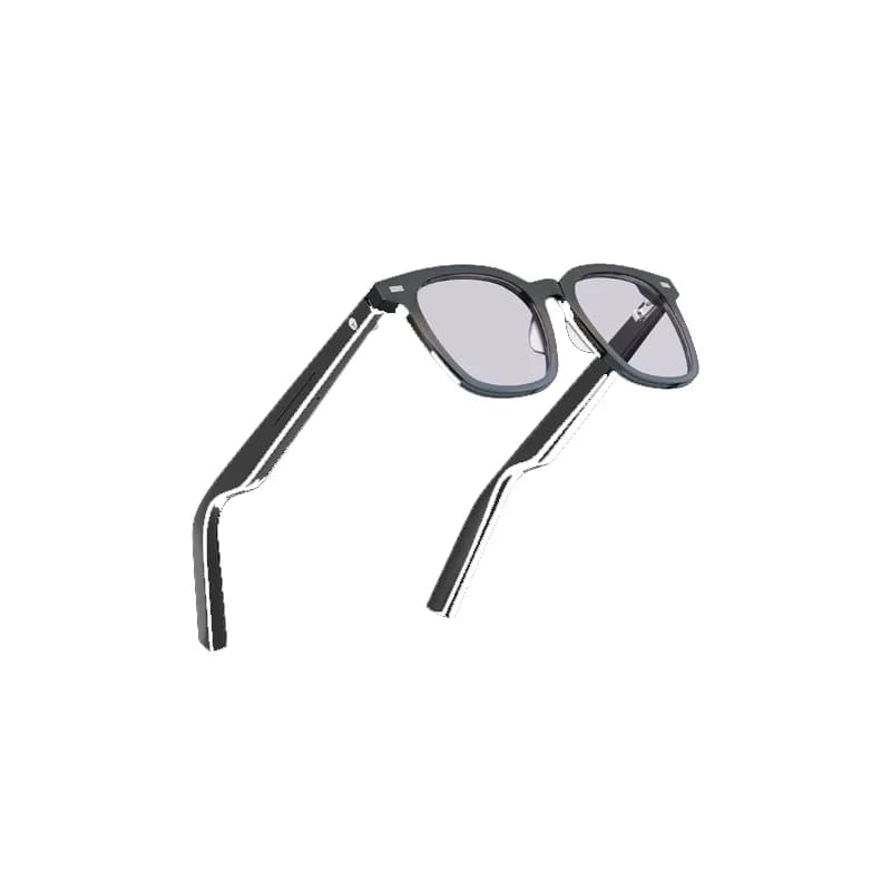 Thunderobot AURA audio glasses in black with a cat-eye frame and light gray tinted lenses, shown at an angle on white.