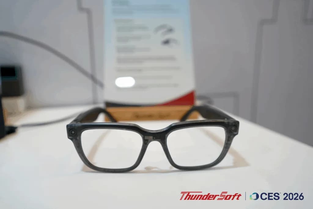 ThunderSoft TurboX AI Glasses in smoky gray acetate, shown front-on, with a thick square frame and a small camera at each hinge, on a table.