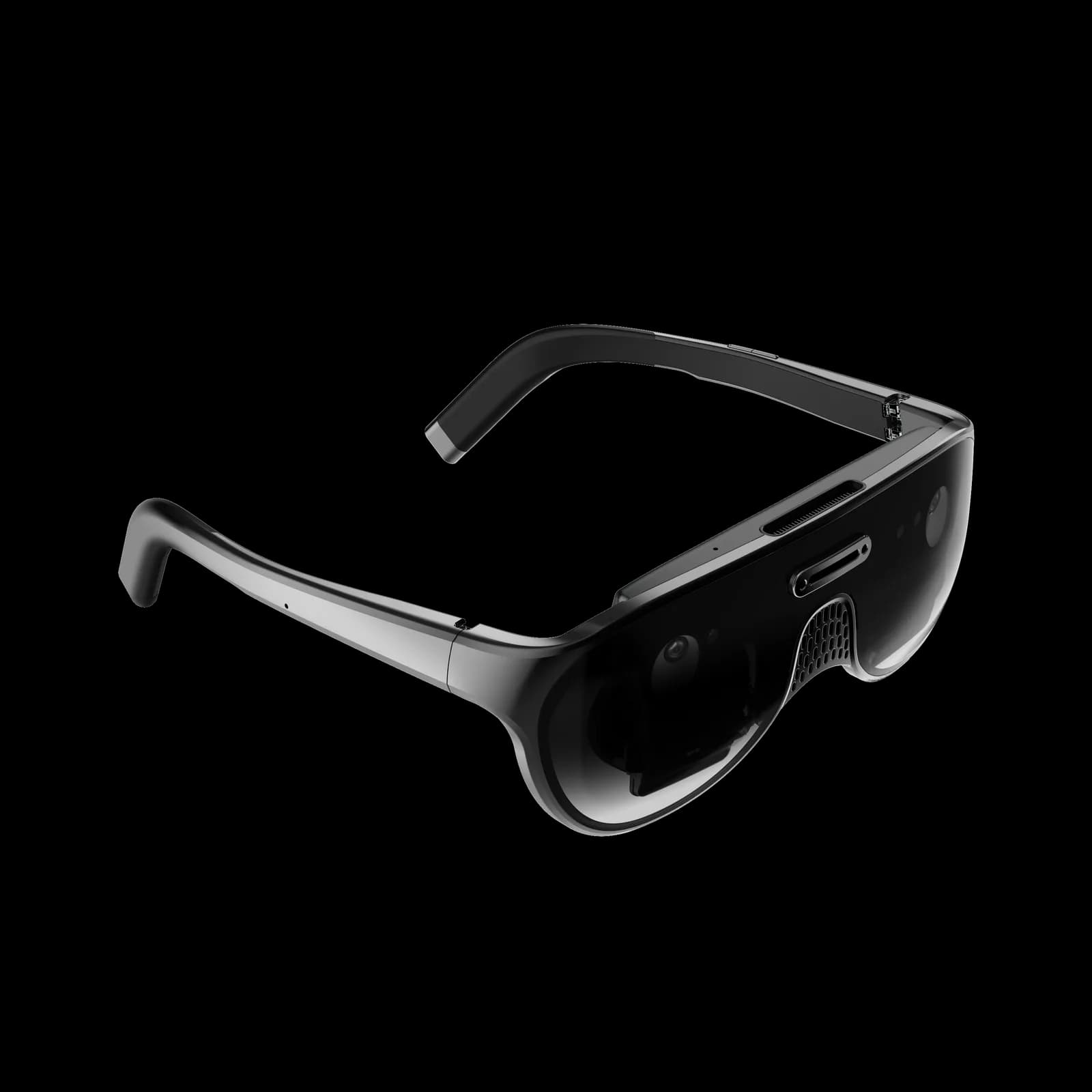 Unseen Reality URXR One AR glasses in black, shown at an angle with a wraparound shield lens and a small camera on the front, white background.