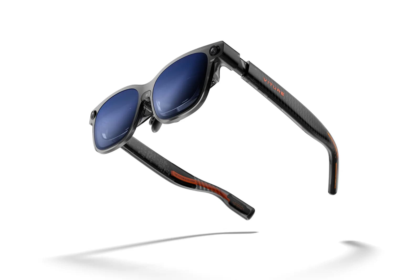 VITURE Luma Ultra AR glasses in smoke gray, shown at an angle with a small camera above each lens and blue mirrored lenses, white background.