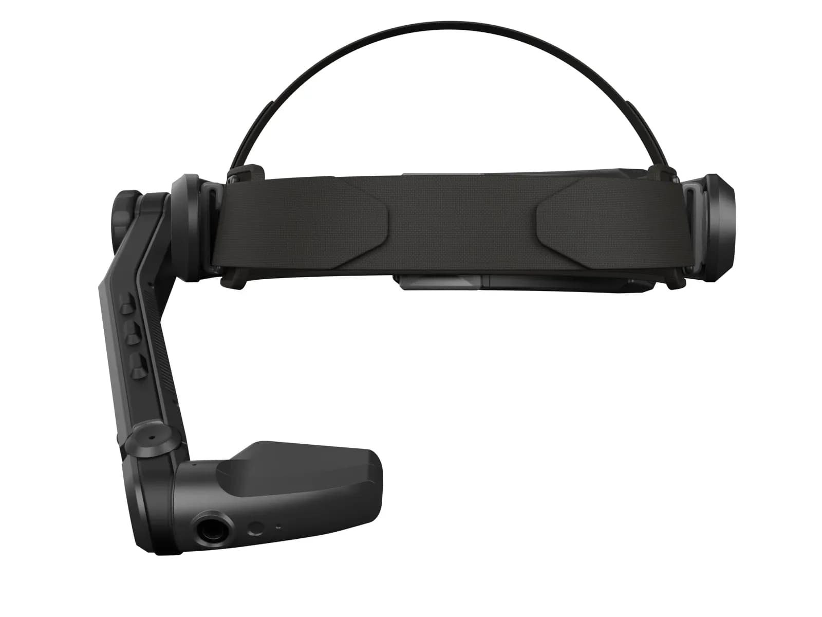 Vuzix LX1 headset in black, shown from the side with its adjustable headband and hinged arm ending in the display module, white background.