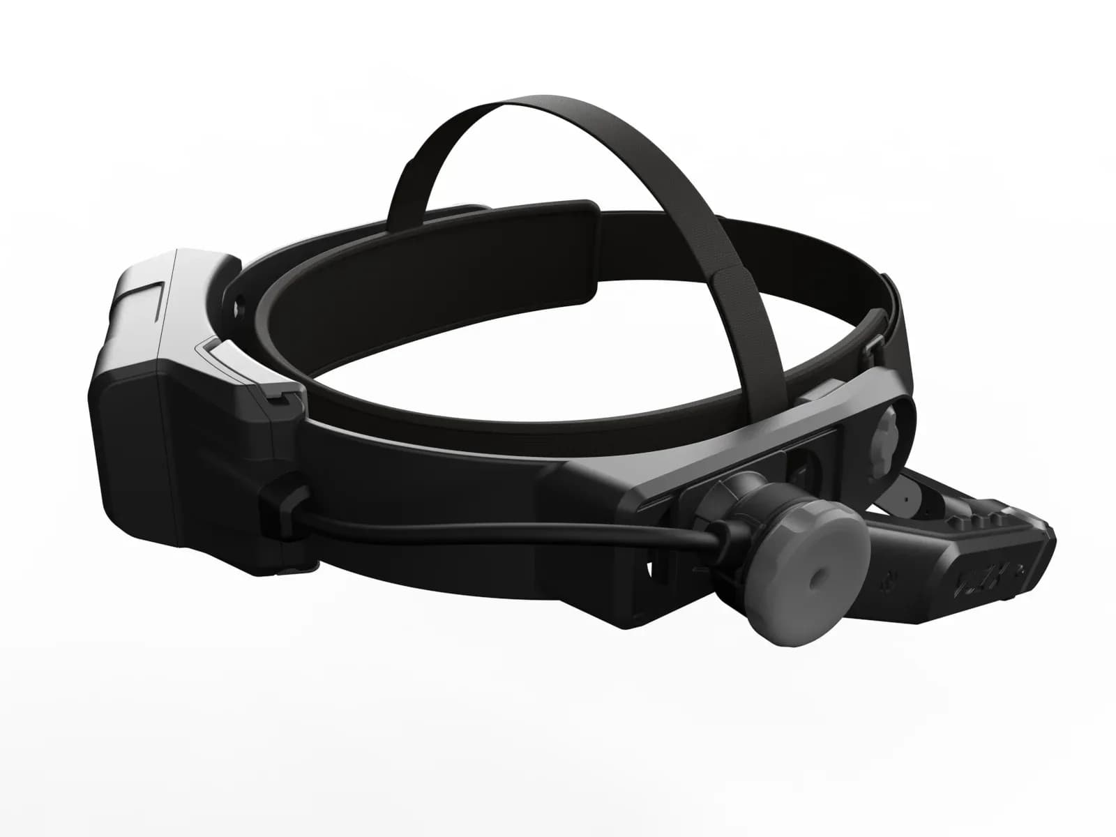 Vista trasera del Vuzix LX1 en negro, con la banda para la cabeza, un dial de ajuste y el nombre VUZIX grabado en el brazo.