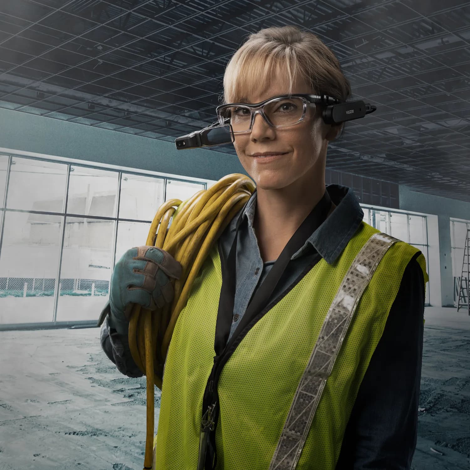 Una persona con chaleco reflectante lleva una manguera amarilla enrollada al hombro dentro de una nave industrial vacía, con el Vuzix M4000 en gafas de seguridad.