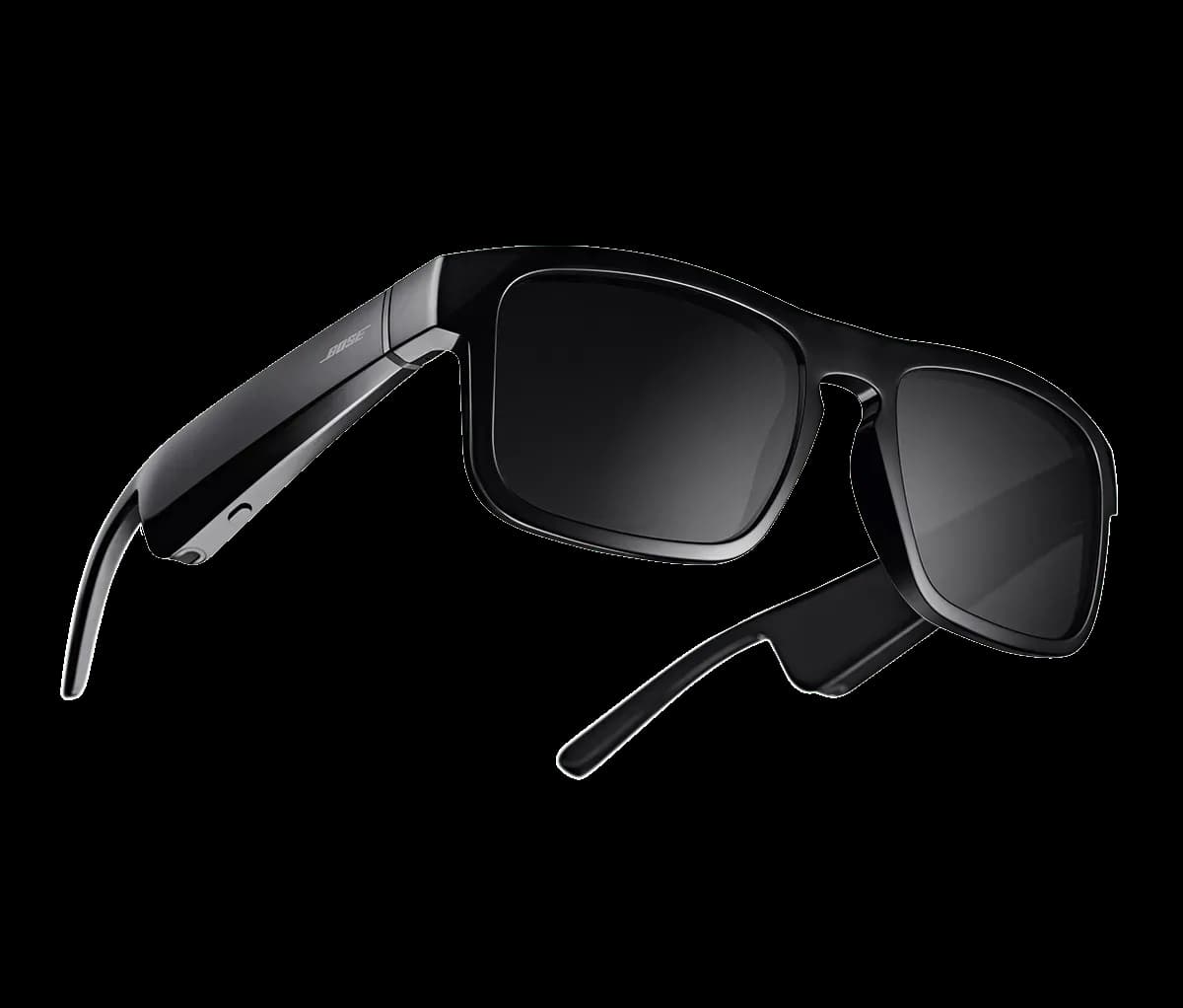 Bose Frames sunglasses in black, folded temples with the Bose wordmark printed along one arm.